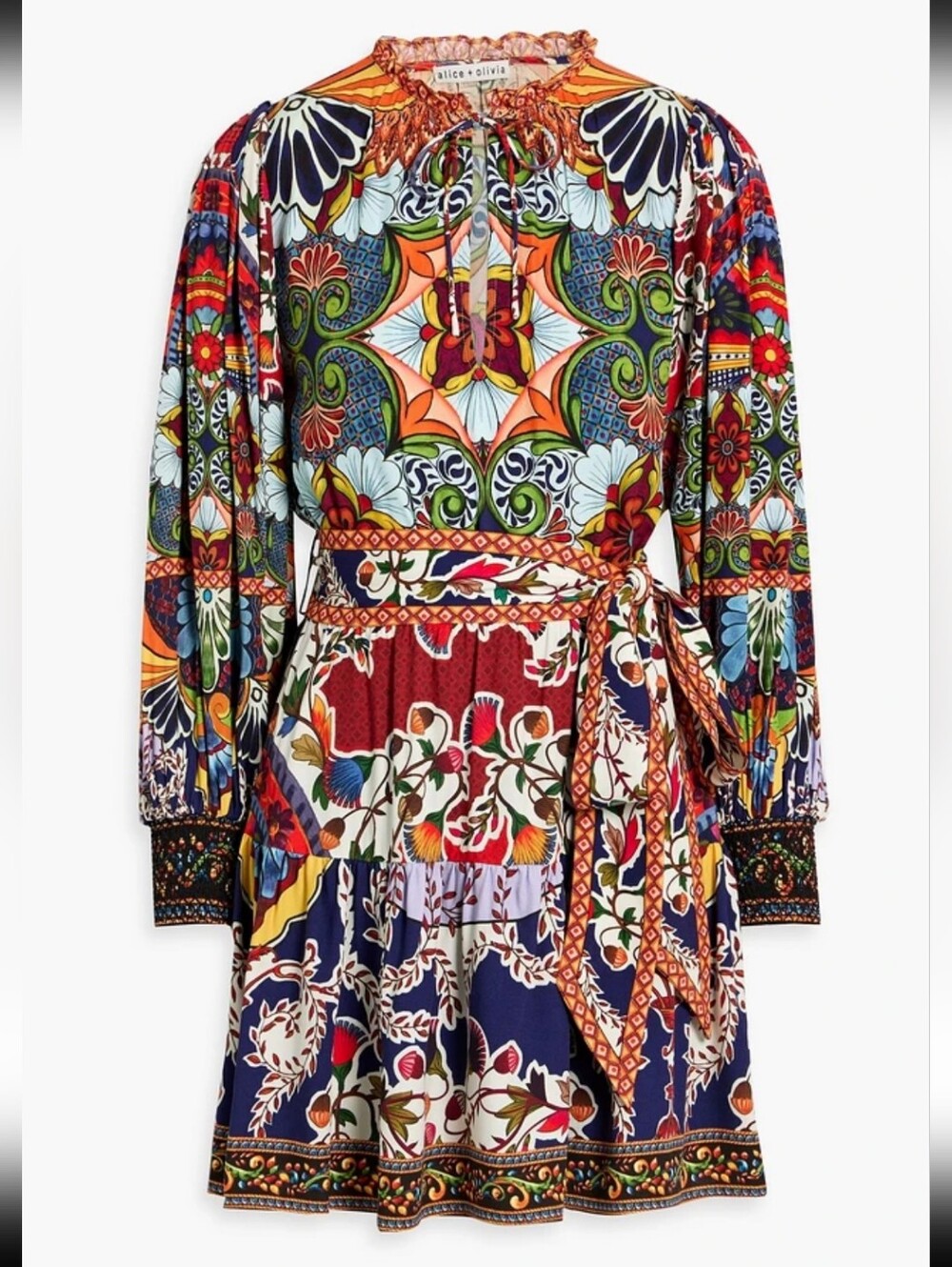 Alice + Olivia Multicolor Floral Mosaic Long-Sleeve Mini Dress